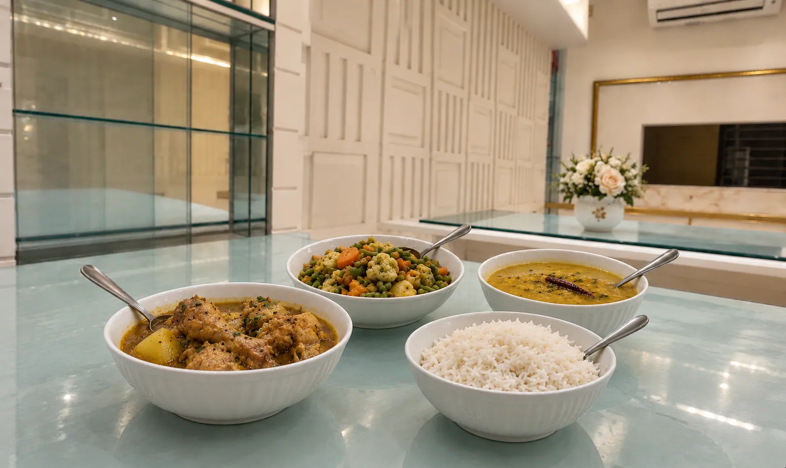 জানালার পাশে ভাত, ডাল ও তরকারির ঘরোয়া বাঙালি খাবার